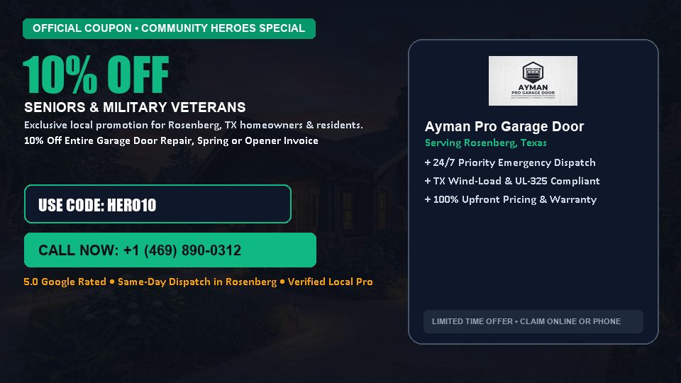 Ayman Pro Garage Door 10% OFF Seniors & Military Veterans in Rosenberg, TX